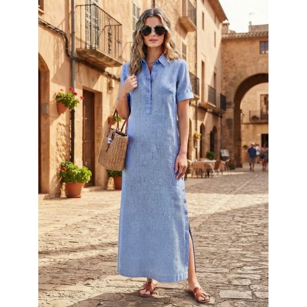 Chicos Blue Linen Maxi Shirt Dress Side Button Vent Pockets Size 1 US 8 Coastal